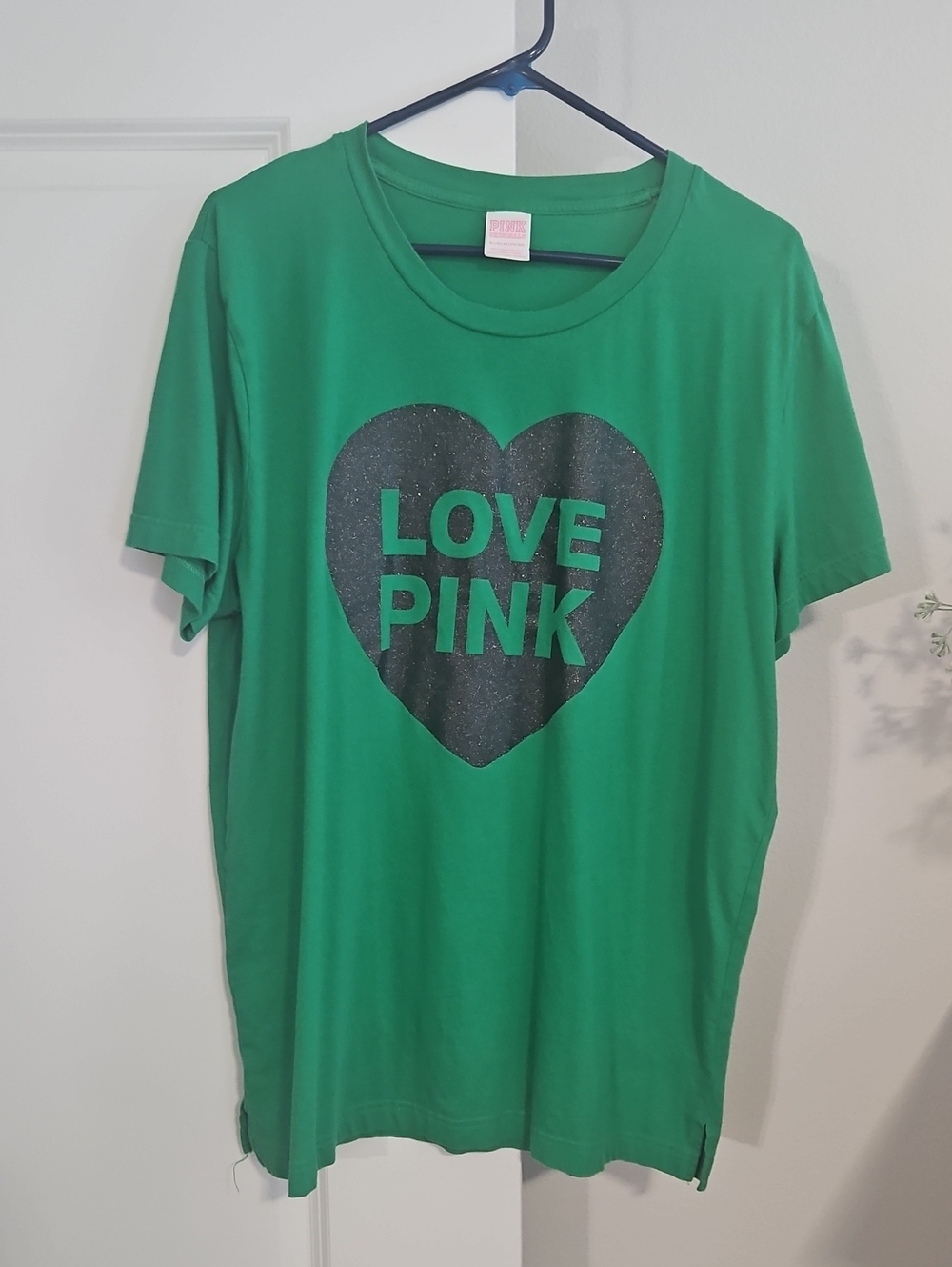 PINK Victoria's Secret Green Tee with Black Heart 'LOVE PINK' Graphic